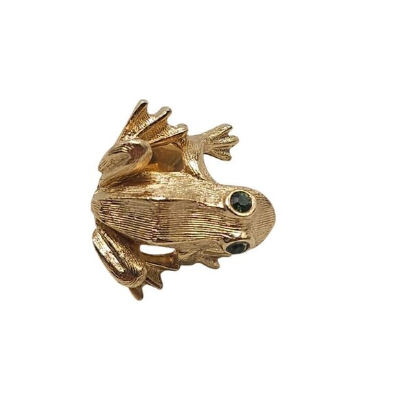 Gold Tone Avon Frog Lapel Pin Green Rhinestone Eyes Textured Finish - Picture 1 of 5